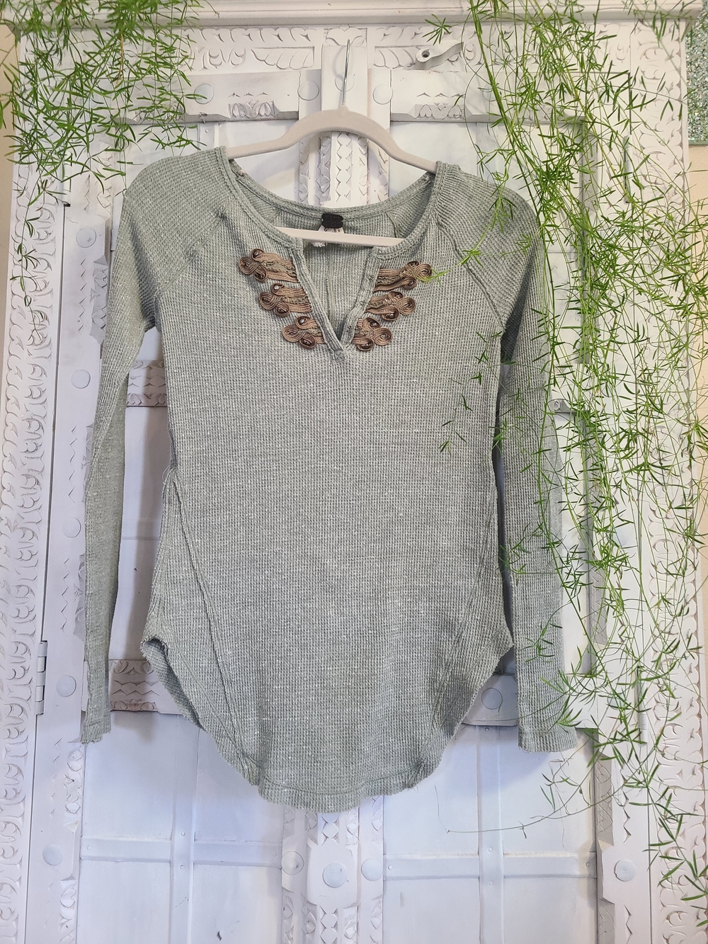 We The Free Sage Waffle Knit Long Sleeve Top with Embroidered V-Notch